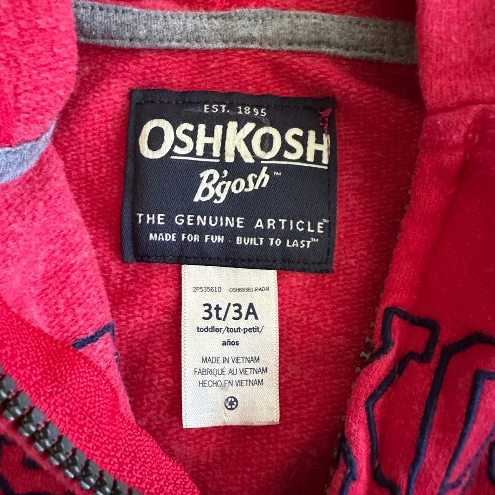 Boys OshKosh Red Zip Hoodie 3T Blue Logo Classic Casual Layering Piece